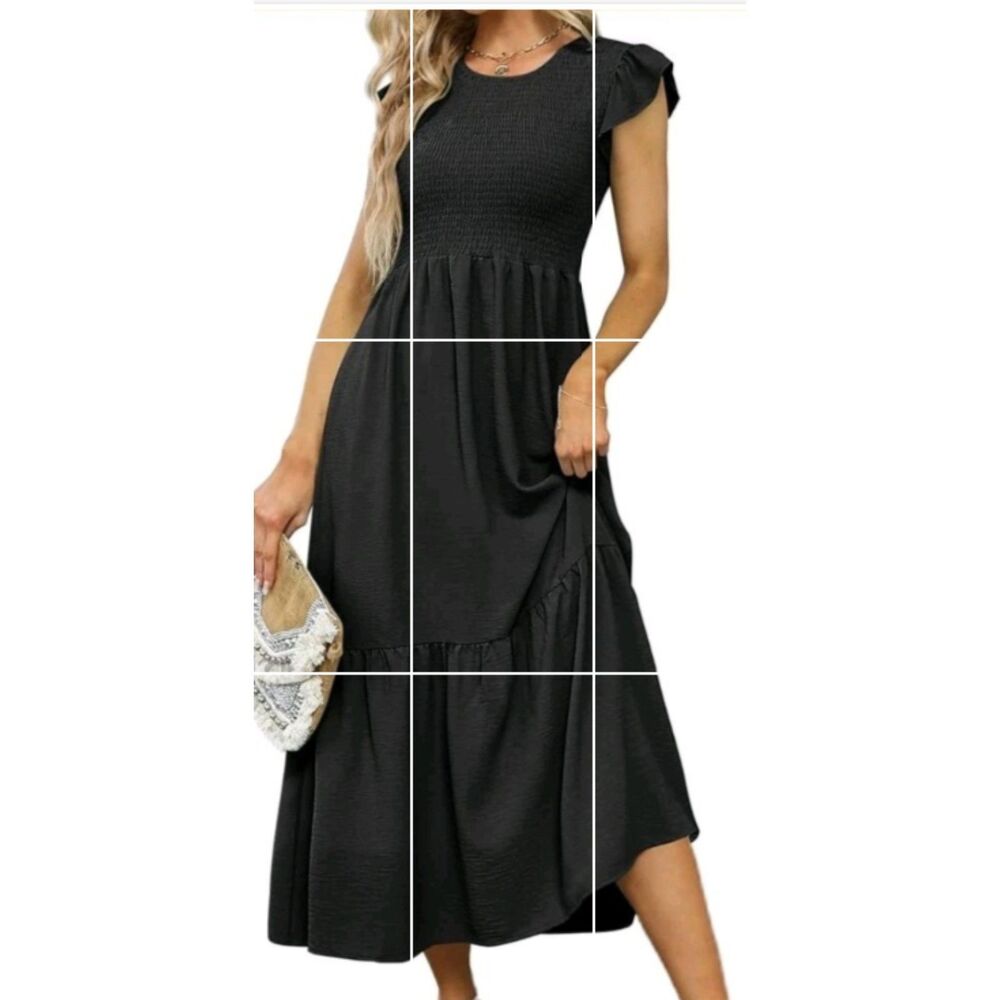 Ofeefan Women's Maxi Dress Large Boho Cottagecore Ruffle Sleeve Black Smocked